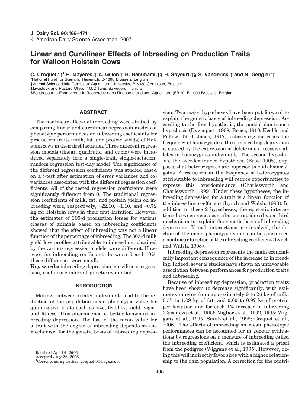 Linear and Curvilinear Effects of Inbreeding on Production Traits for Walloon Holstein Cows