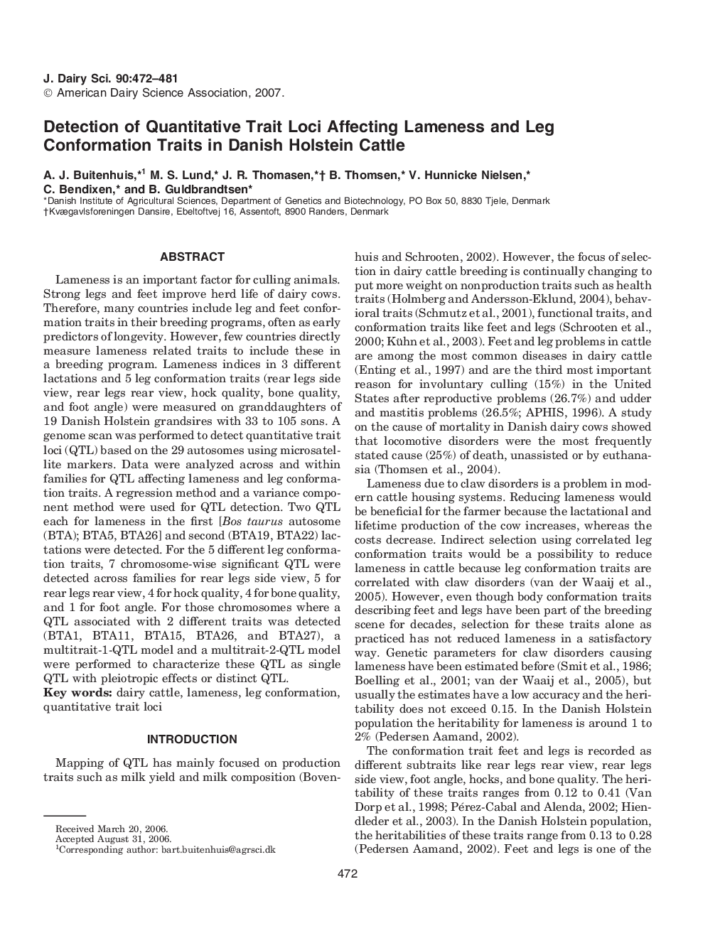 Detection of Quantitative Trait Loci Affecting Lameness and Leg Conformation Traits in Danish Holstein Cattle