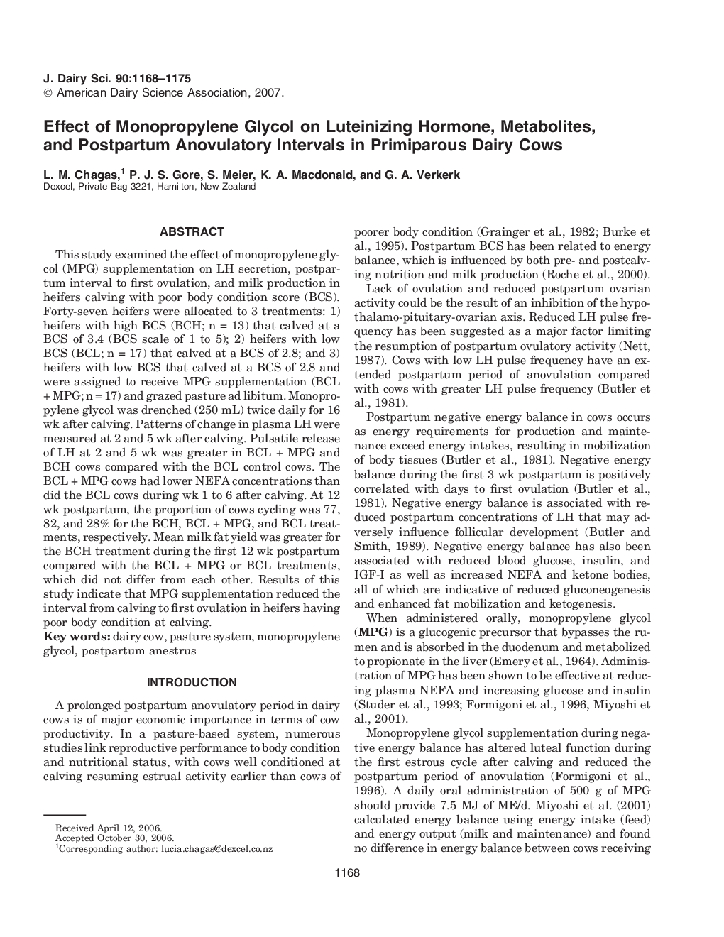 Effect of Monopropylene Glycol on Luteinizing Hormone, Metabolites, and Postpartum Anovulatory Intervals in Primiparous Dairy Cows