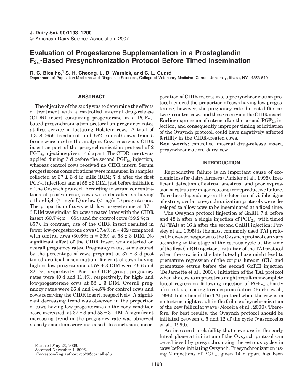 Evaluation of Progesterone Supplementation in a Prostaglandin F2Î±-Based Presynchronization Protocol Before Timed Insemination