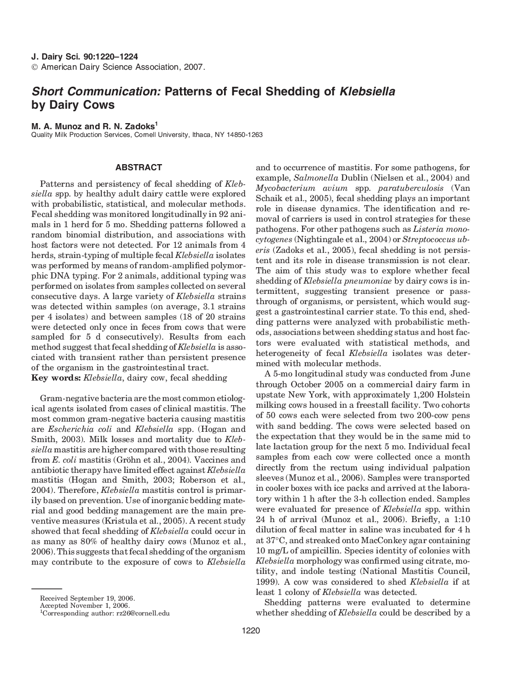 Short Communication: Patterns of Fecal Shedding of Klebsiella by Dairy Cows