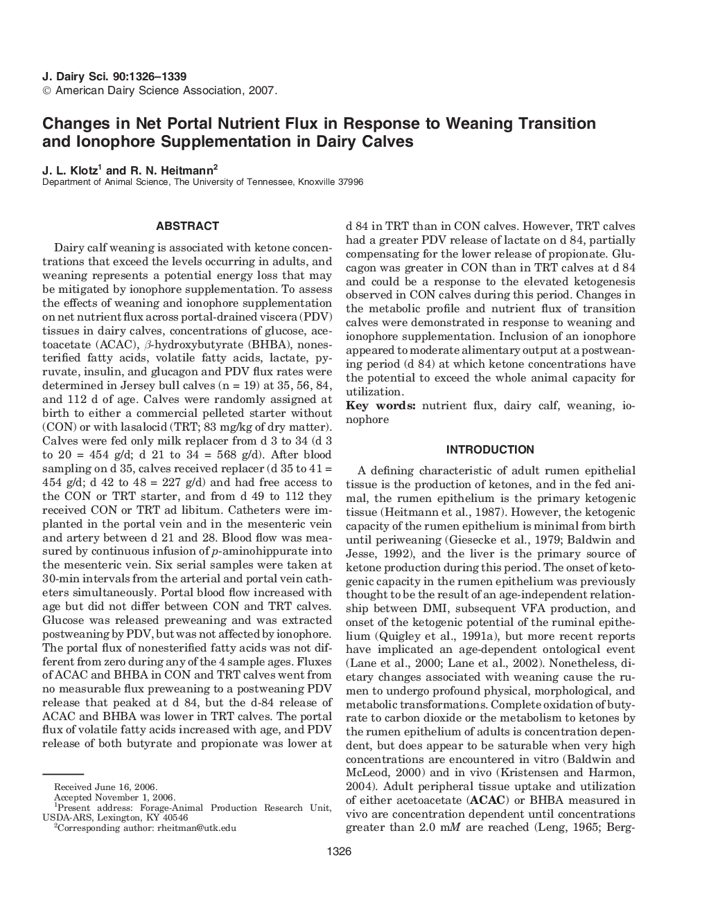 Changes in Net Portal Nutrient Flux in Response to Weaning Transition and Ionophore Supplementation in Dairy Calves