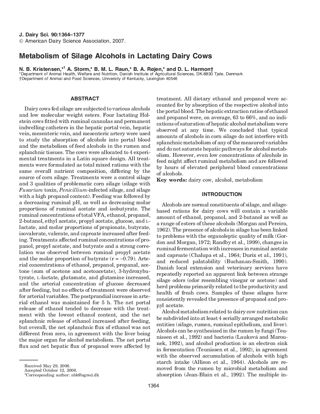 Metabolism of Silage Alcohols in Lactating Dairy Cows