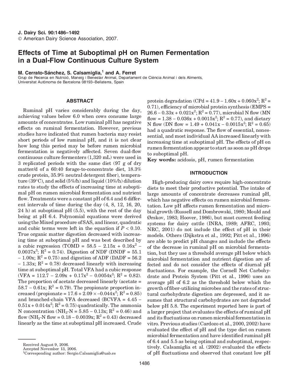 Effects of Time at Suboptimal pH on Rumen Fermentation in a Dual-Flow Continuous Culture System