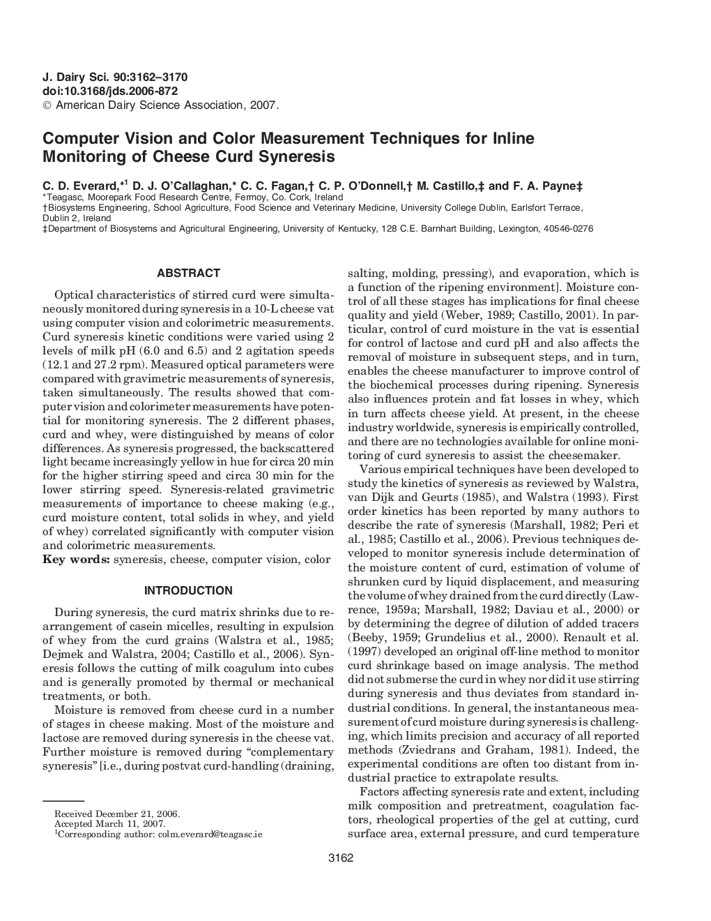 Computer Vision and Color Measurement Techniques for Inline Monitoring of Cheese Curd Syneresis