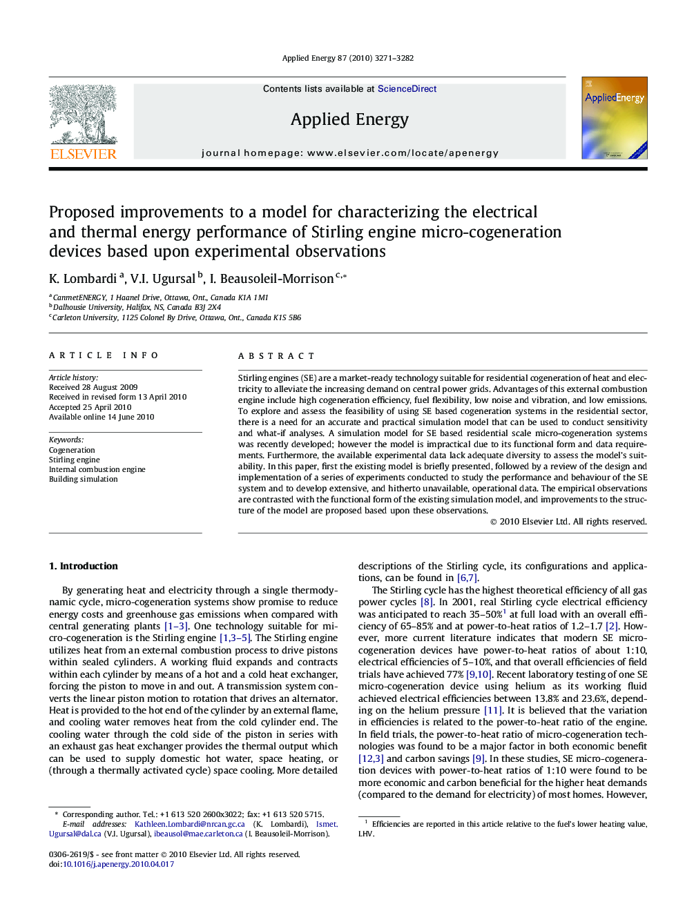 Proposed improvements to a model for characterizing the electrical and thermal energy performance of Stirling engine micro-cogeneration devices based upon experimental observations