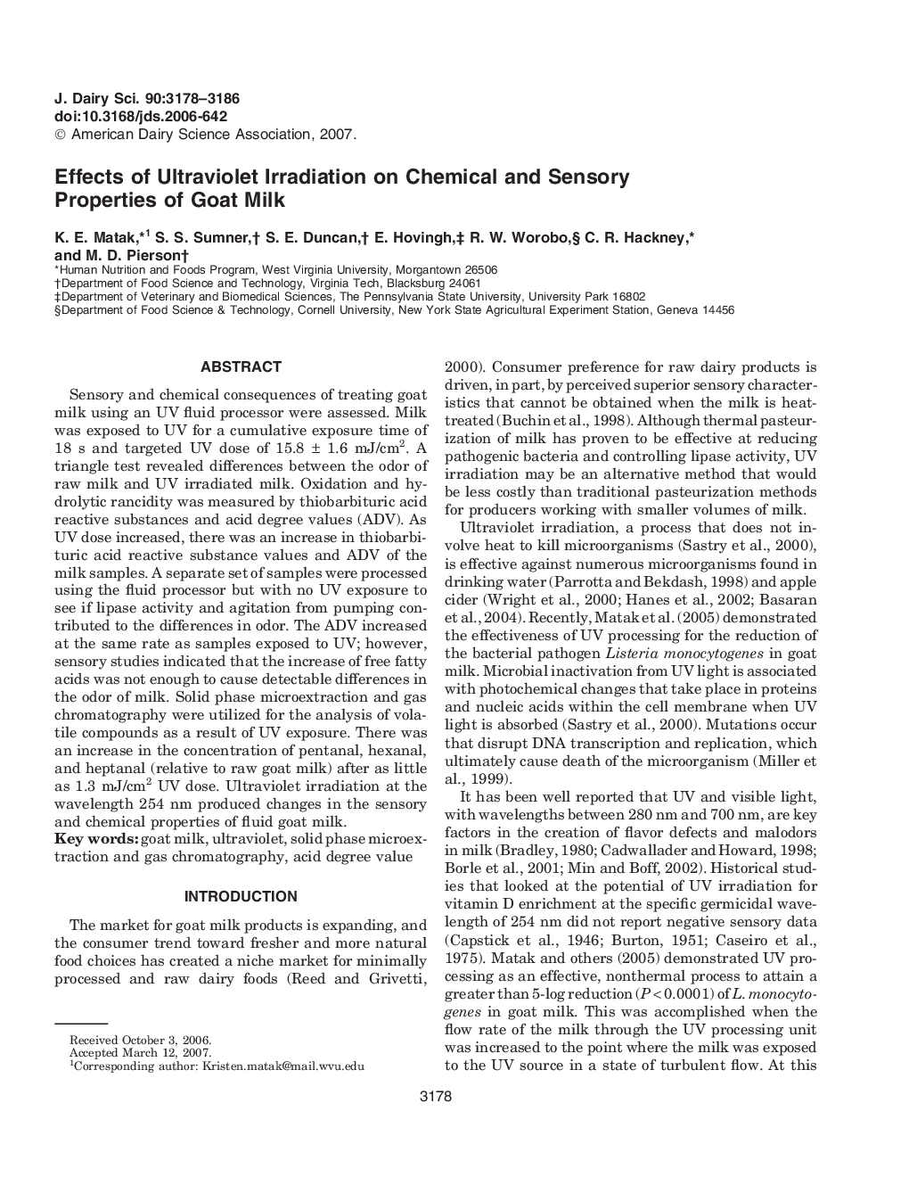 Effects of Ultraviolet Irradiation on Chemical and Sensory Properties of Goat Milk