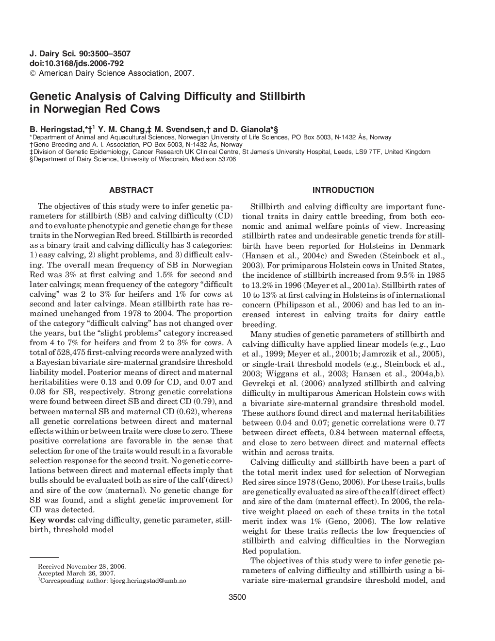 Genetic Analysis of Calving Difficulty and Stillbirth in Norwegian Red Cows