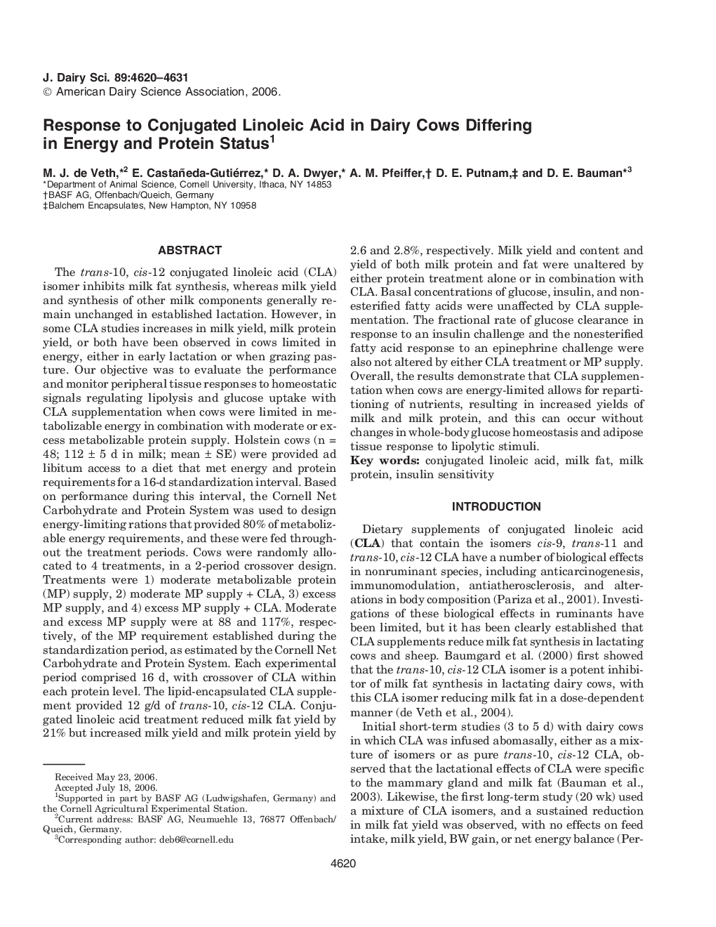 Response to Conjugated Linoleic Acid in Dairy Cows Differing in Energy and Protein Status1