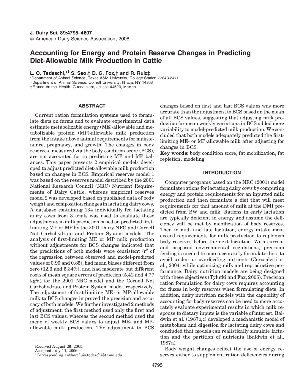 Accounting for Energy and Protein Reserve Changes in Predicting Diet-Allowable Milk Production in Cattle