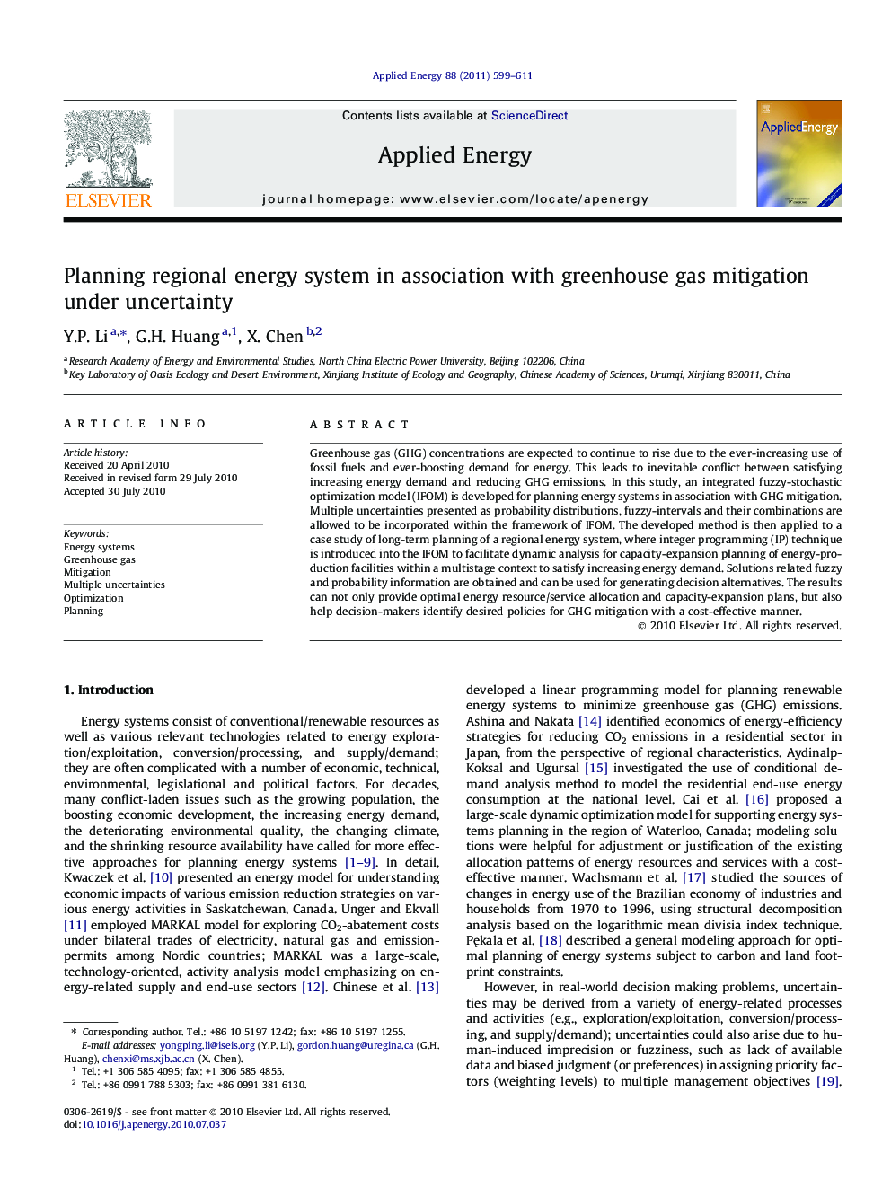 Planning regional energy system in association with greenhouse gas mitigation under uncertainty