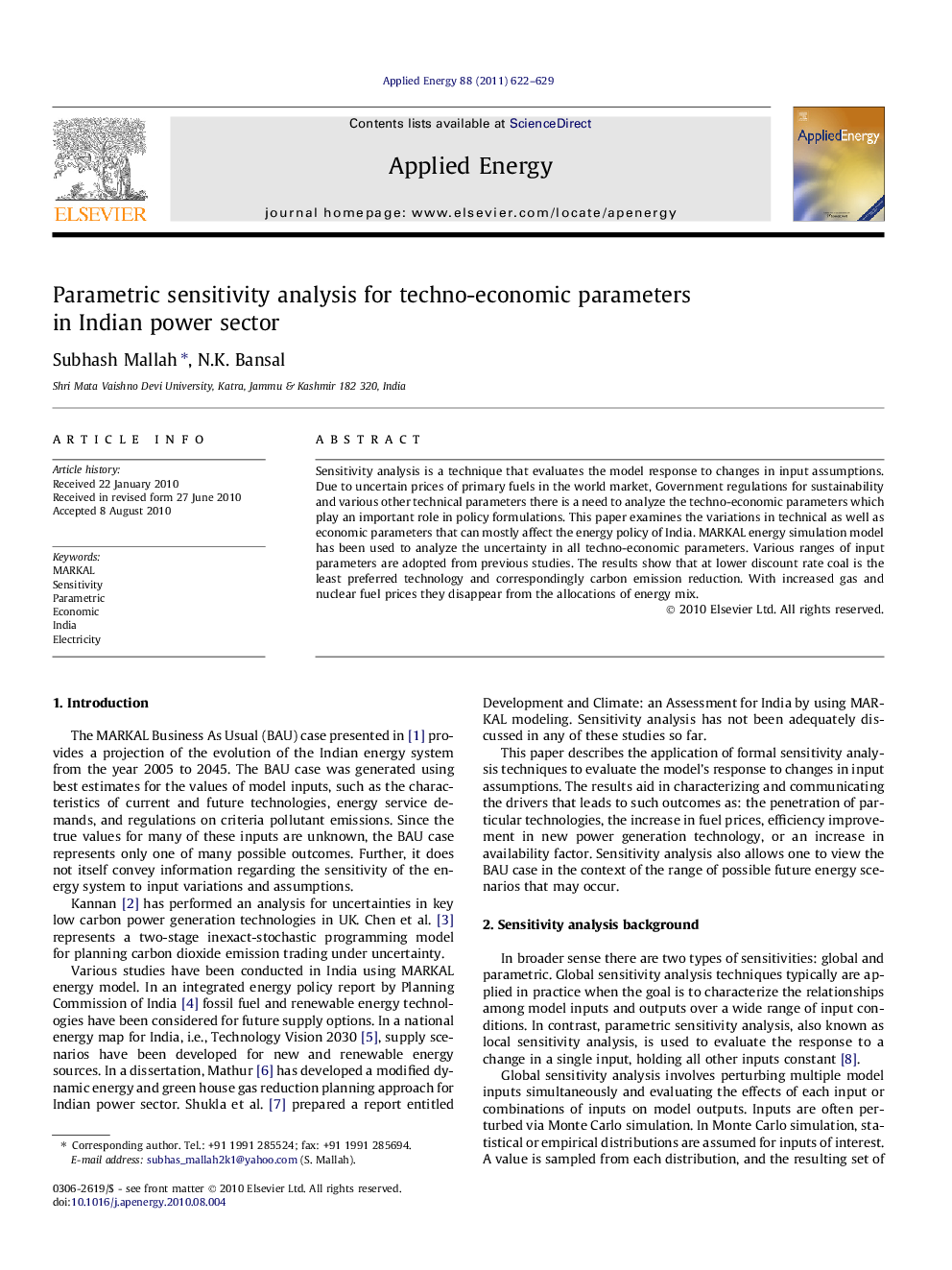 Parametric sensitivity analysis for techno-economic parameters in Indian power sector