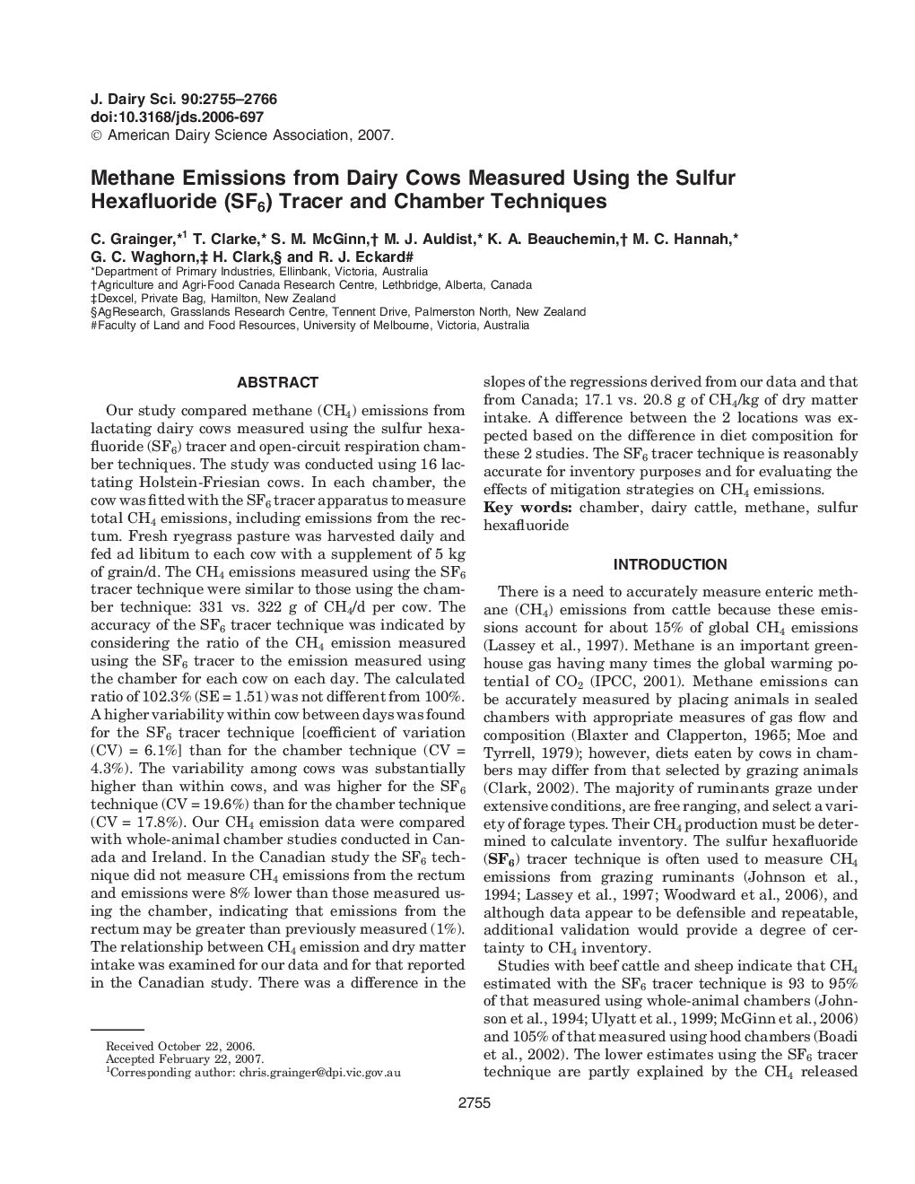 عکس صفحه اول مقاله: Methane Emissions from Dairy Cows Measured Using the Sulfur Hexafluoride (SF6) Tracer and Chamber Techniques Methane Emissions from Dairy Cows Measured Using the Sulfur Hexafluoride (SF6) Tracer and Chamber Techniques