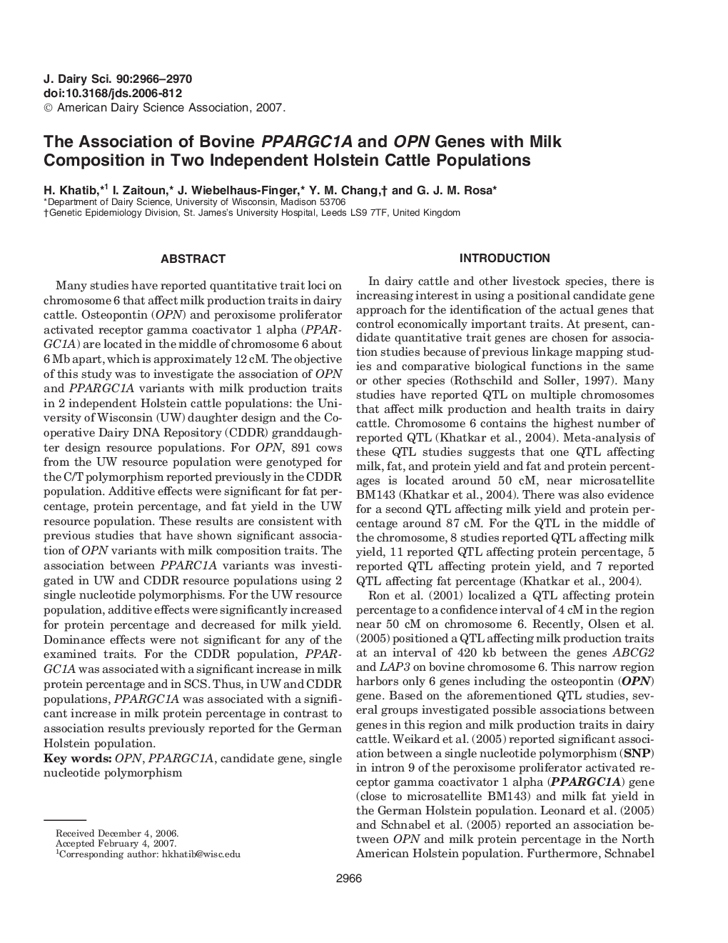 The Association of Bovine PPARGC1A and OPN Genes with Milk Composition in Two Independent Holstein Cattle Populations