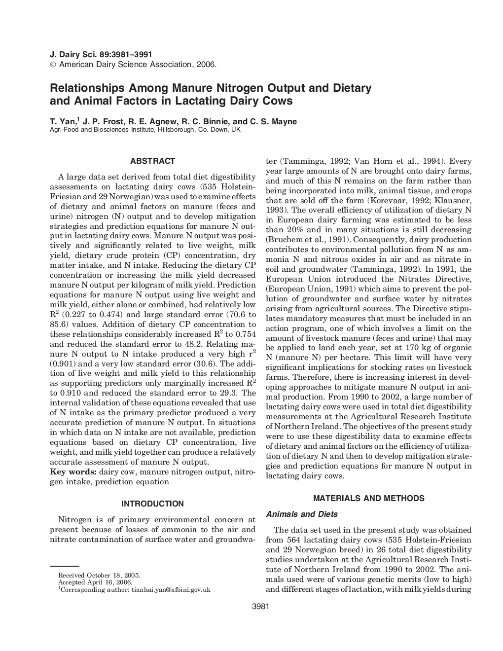 Relationships Among Manure Nitrogen Output and Dietary and Animal Factors in Lactating Dairy Cows