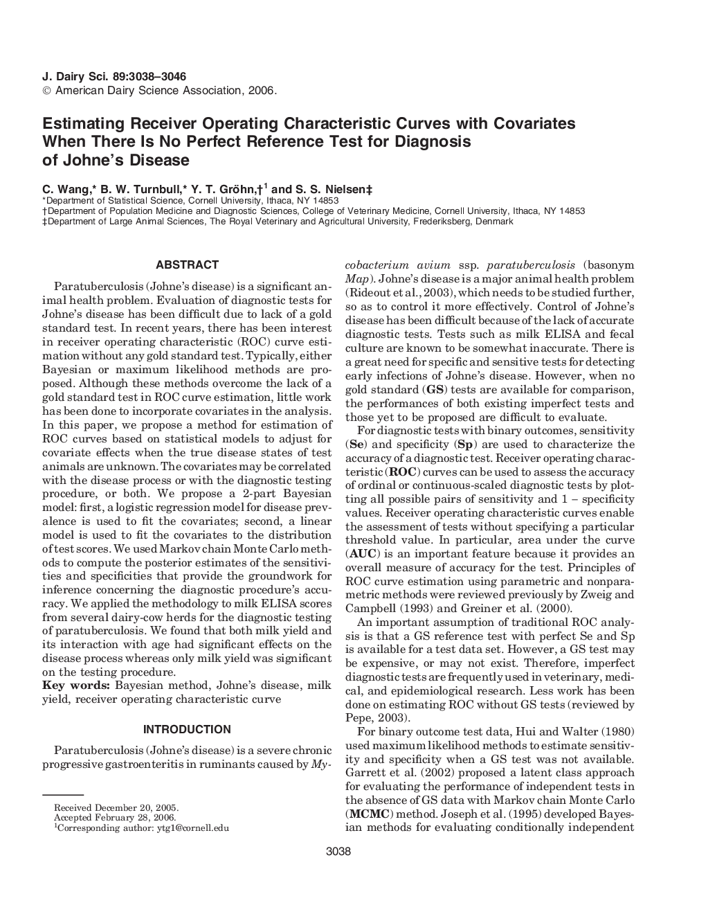 Estimating Receiver Operating Characteristic Curves with Covariates When There Is No Perfect Reference Test for Diagnosis of Johne's Disease