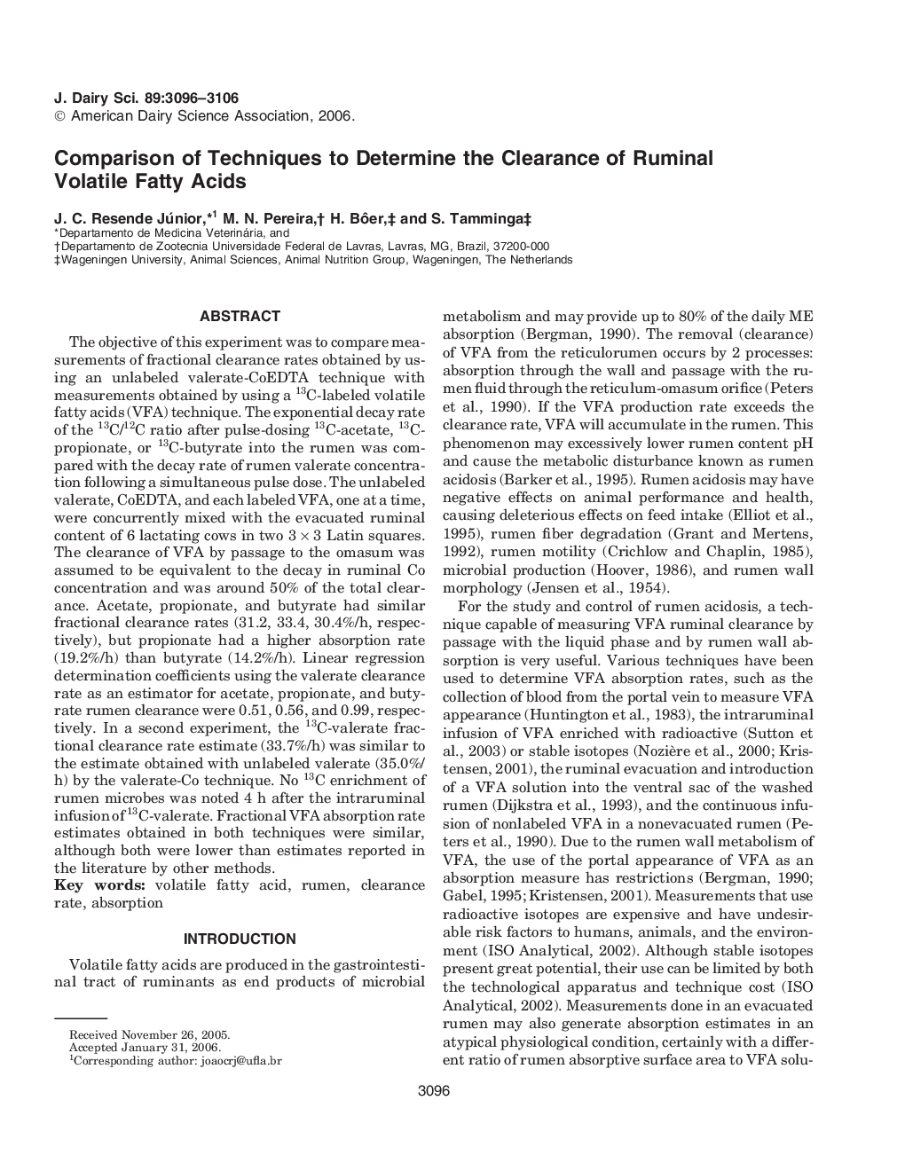 Comparison of Techniques to Determine the Clearance of Ruminal Volatile Fatty Acids