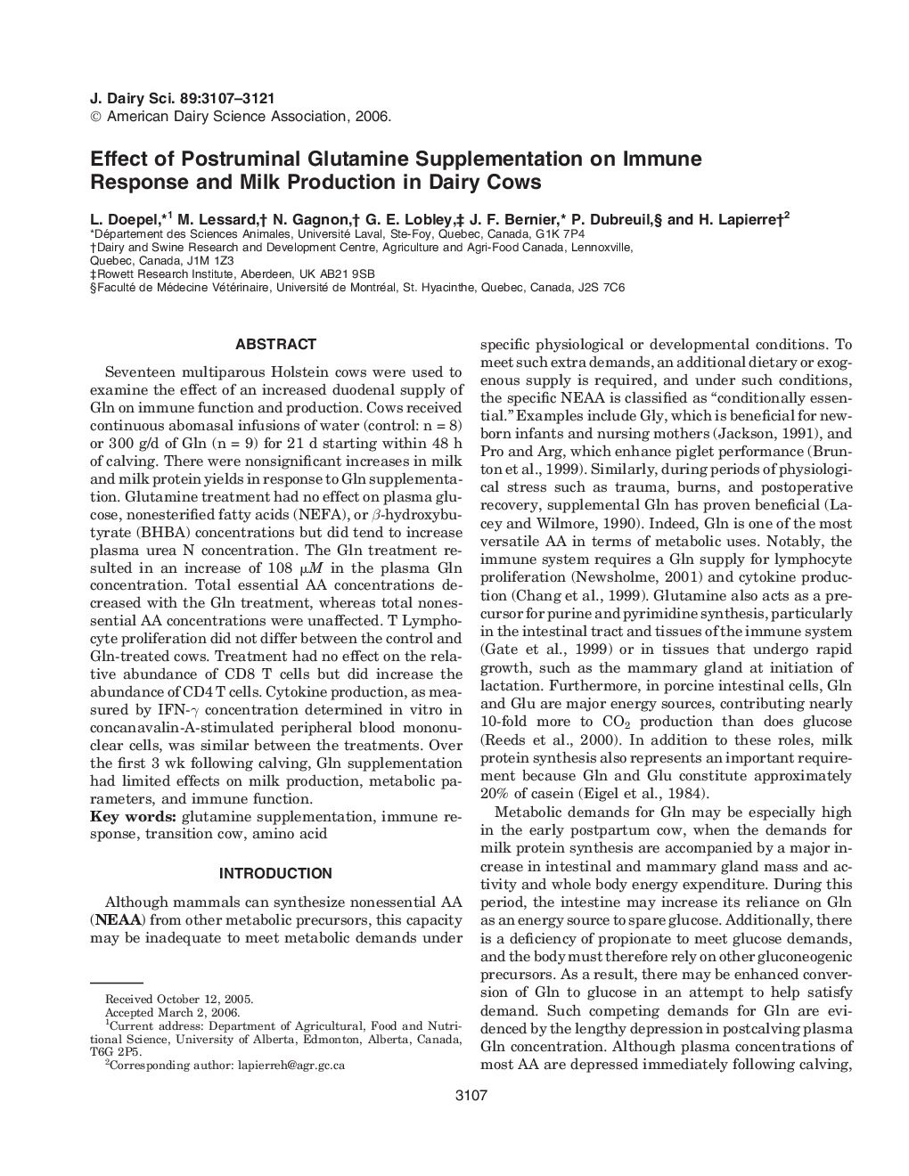 Effect of Postruminal Glutamine Supplementation on Immune Response and Milk Production in Dairy Cows