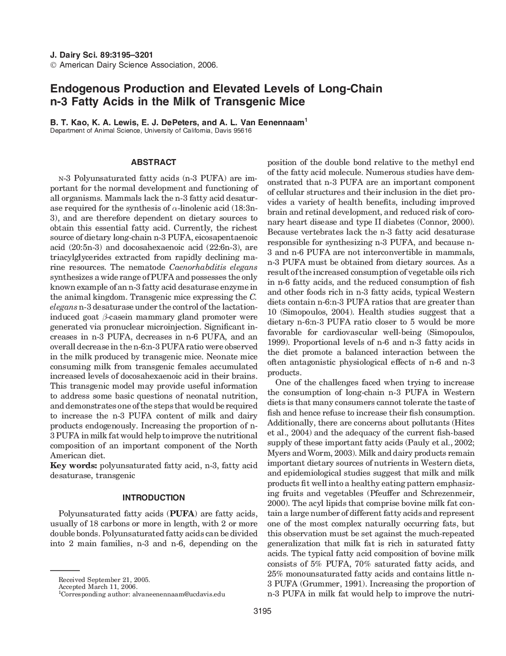 Endogenous Production and Elevated Levels of Long-Chain n-3 Fatty Acids in the Milk of Transgenic Mice