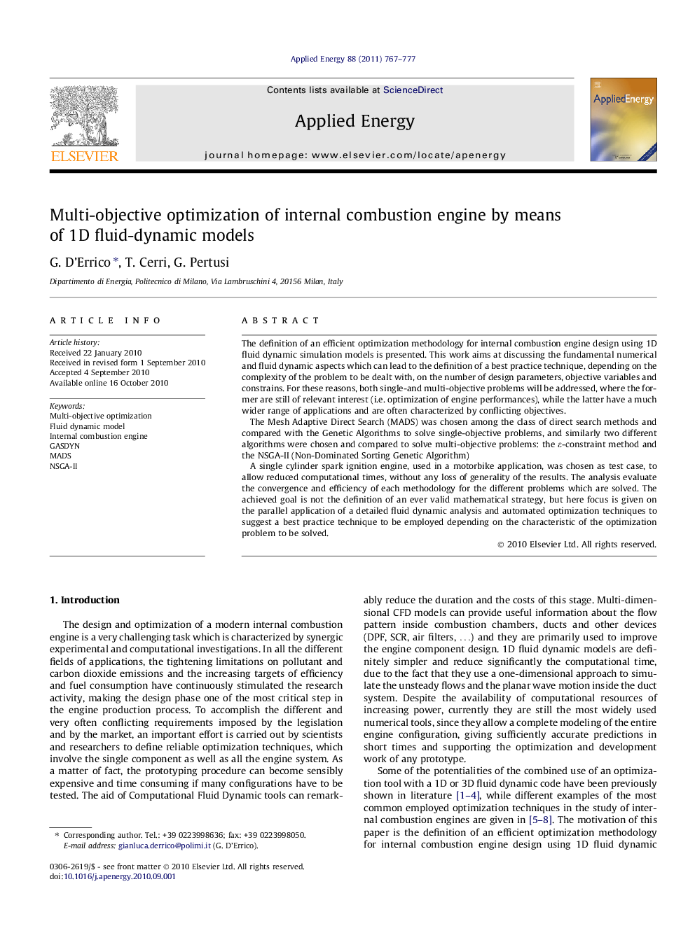 Multi-objective optimization of internal combustion engine by means of 1D fluid-dynamic models