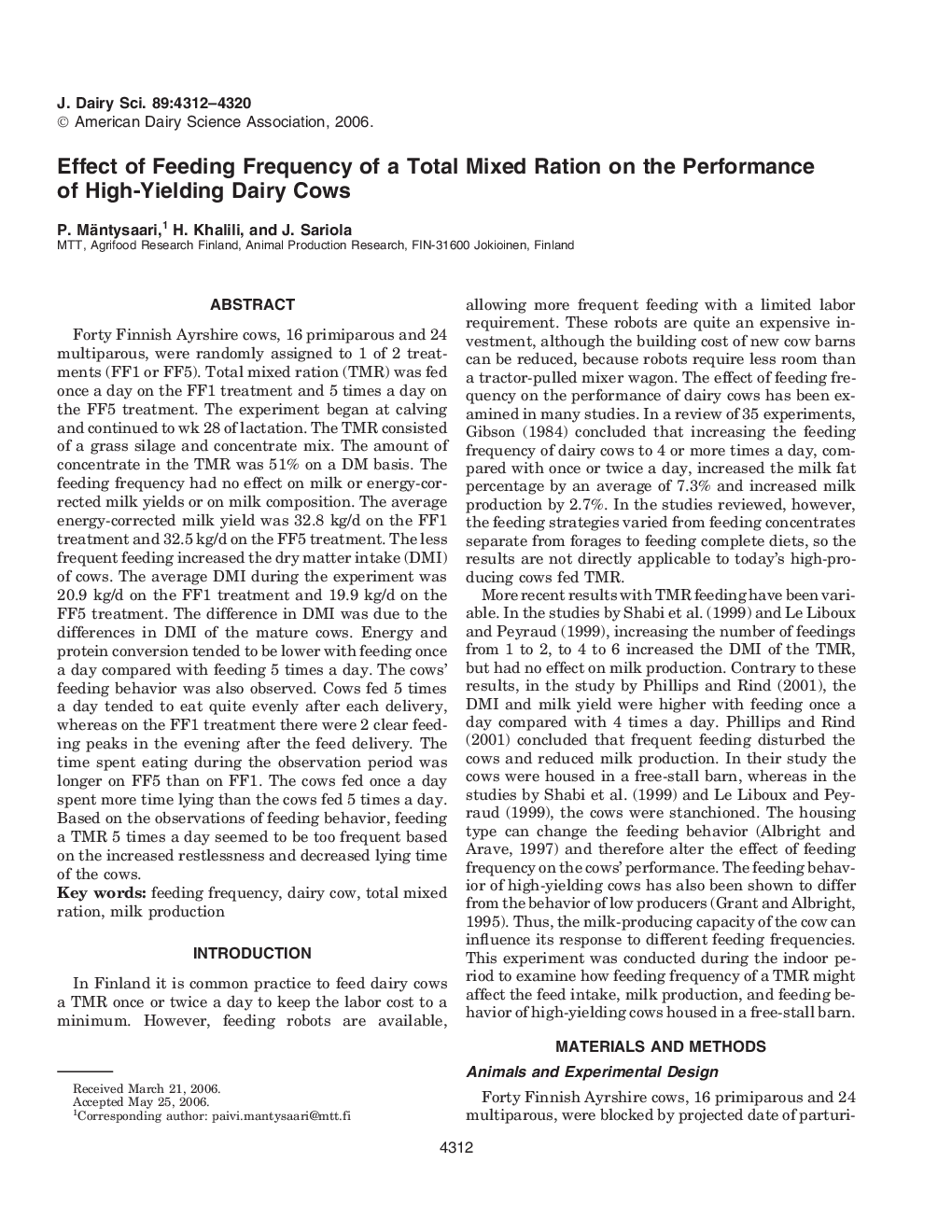 Effect of Feeding Frequency of a Total Mixed Ration on the Performance of High-Yielding Dairy Cows