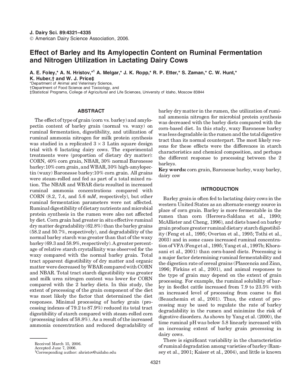 Effect of Barley and Its Amylopectin Content on Ruminal Fermentation and Nitrogen Utilization in Lactating Dairy Cows