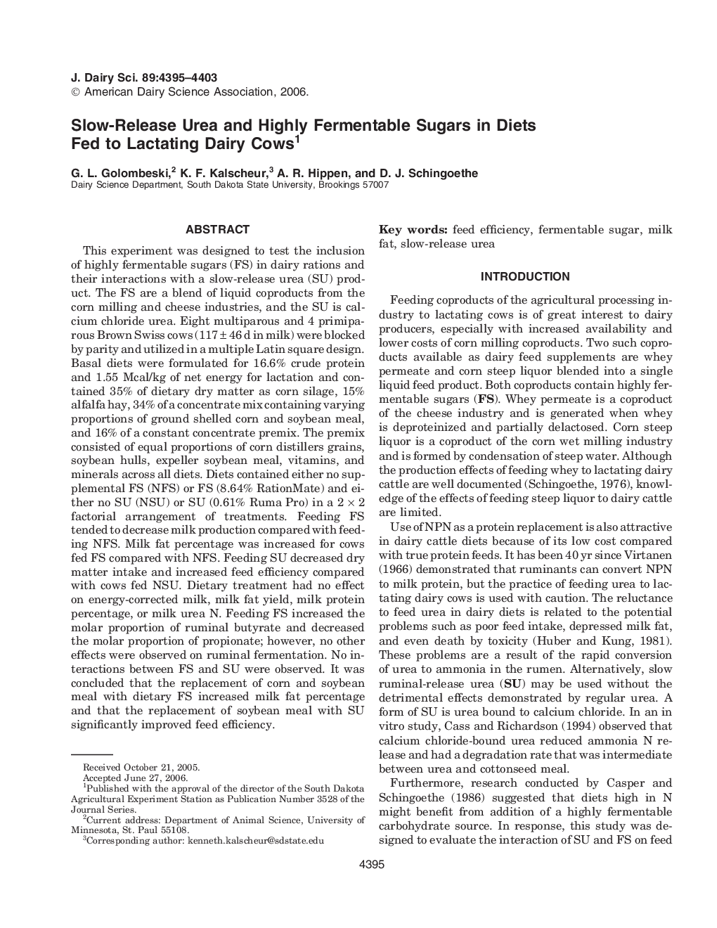 Slow-Release Urea and Highly Fermentable Sugars in Diets Fed to Lactating Dairy Cows1