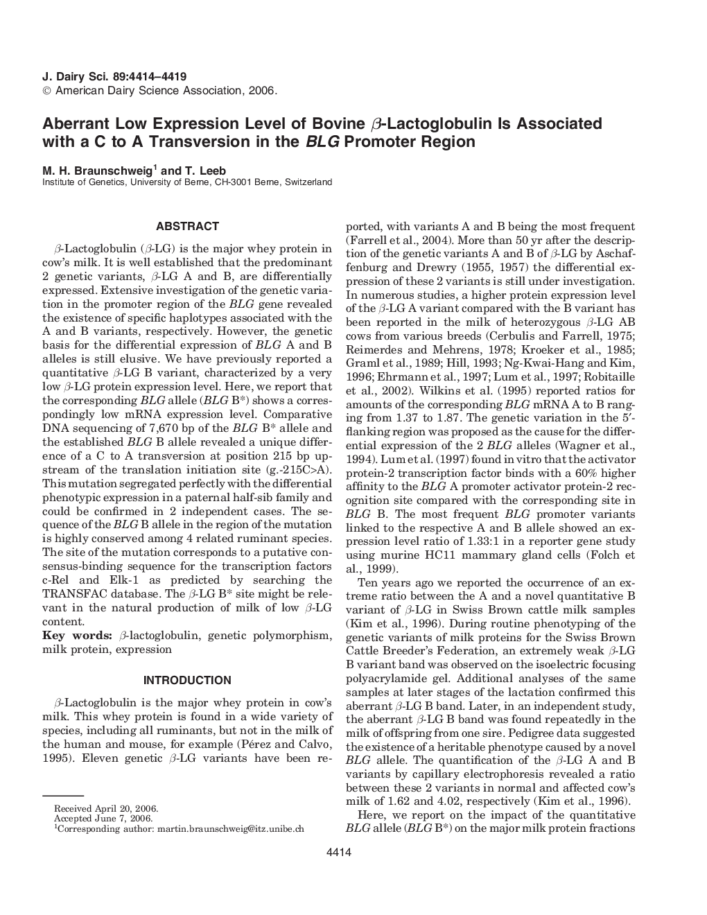 Aberrant Low Expression Level of Bovine Î²-Lactoglobulin Is Associated with a C to A Transversion in the BLG Promoter Region