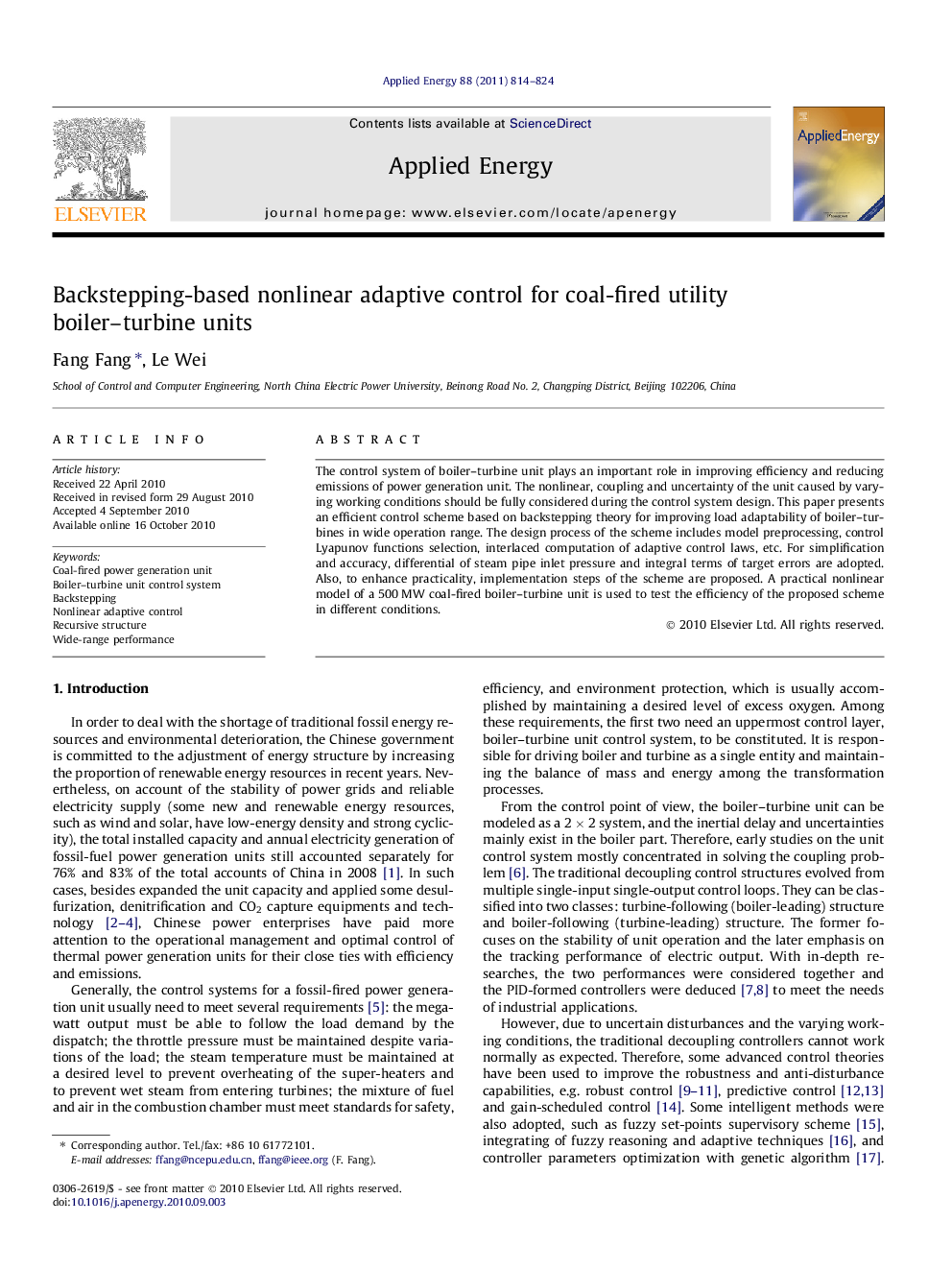 Backstepping-based nonlinear adaptive control for coal-fired utility boiler–turbine units