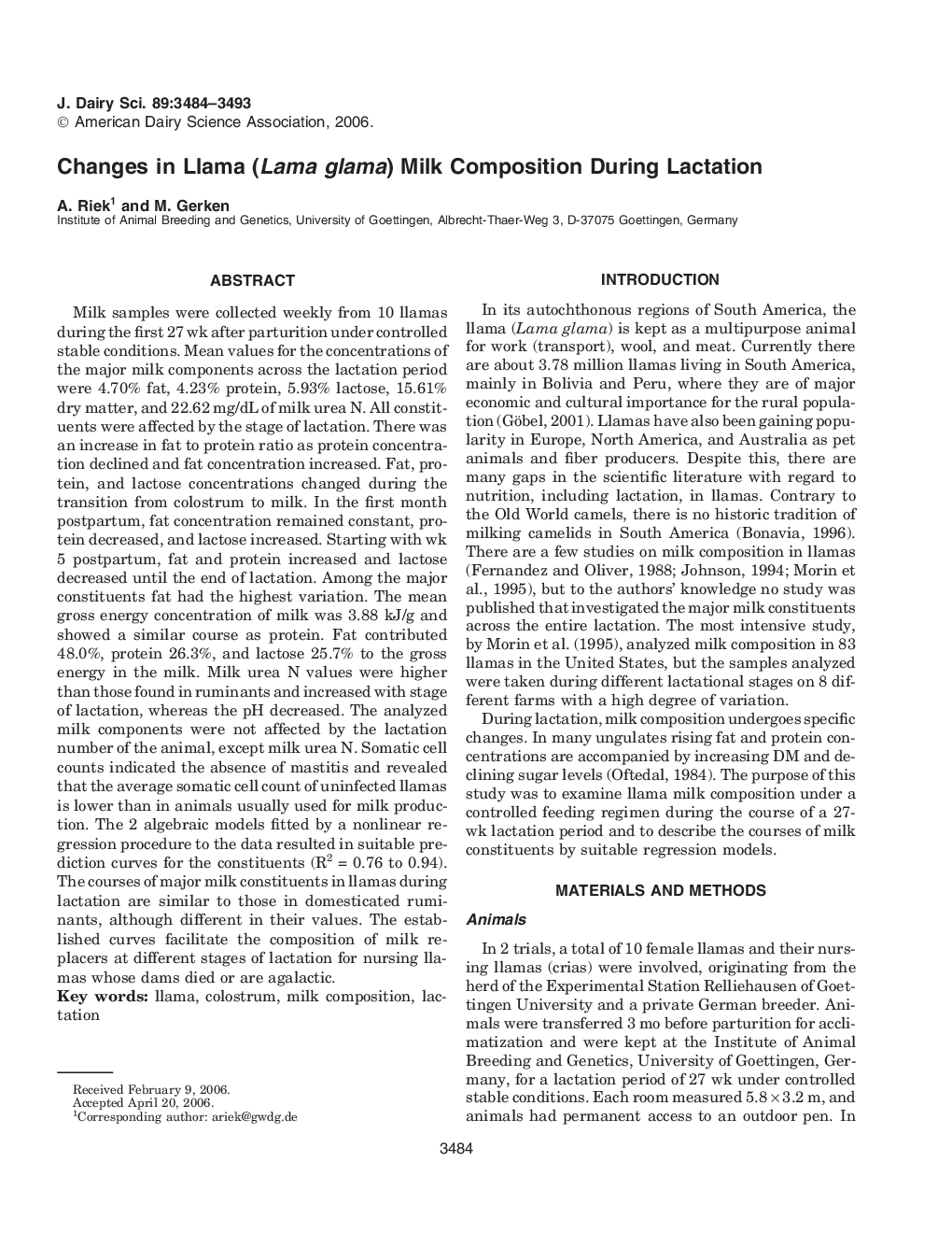 Changes in Llama (Lama glama) Milk Composition During Lactation