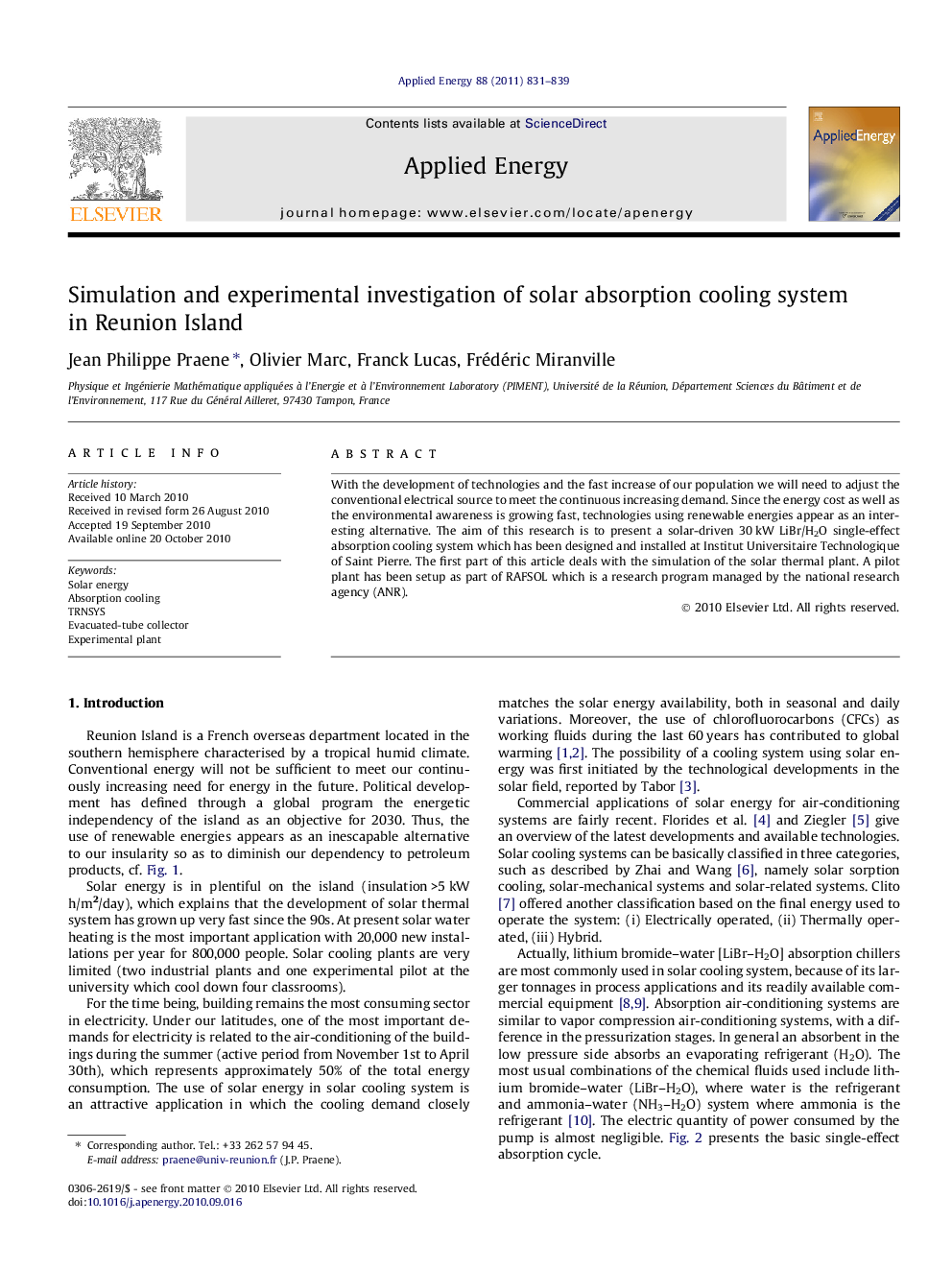 Simulation and experimental investigation of solar absorption cooling system in Reunion Island