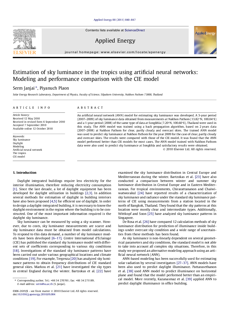 Estimation of sky luminance in the tropics using artificial neural networks: Modeling and performance comparison with the CIE model