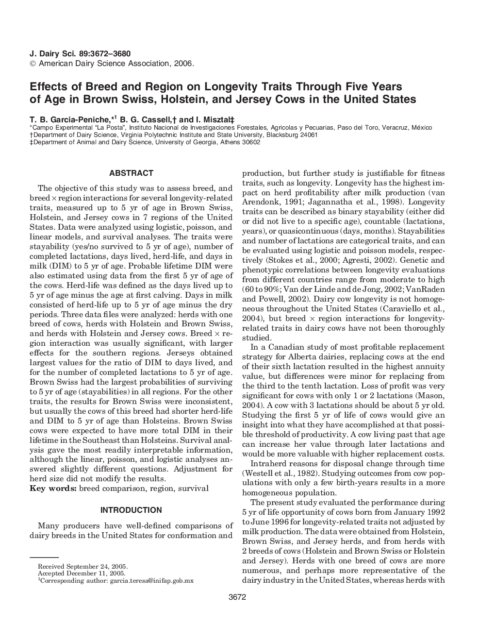 Effects of Breed and Region on Longevity Traits Through Five Years of Age in Brown Swiss, Holstein, and Jersey Cows in the United States