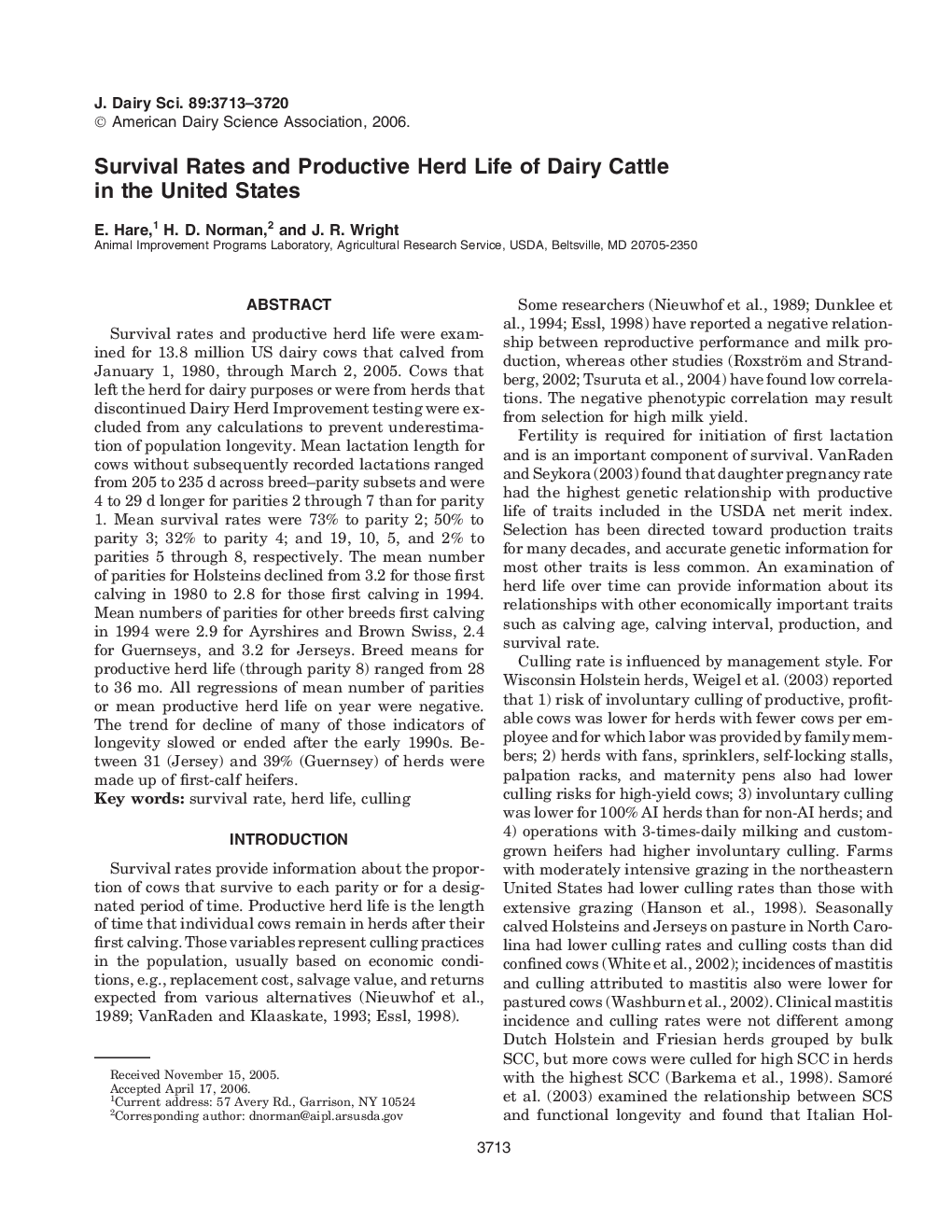 Survival Rates and Productive Herd Life of Dairy Cattle in the United States