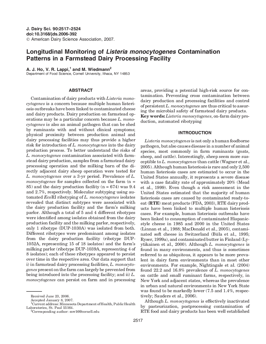 Longitudinal Monitoring of Listeria monocytogenes Contamination Patterns in a Farmstead Dairy Processing Facility