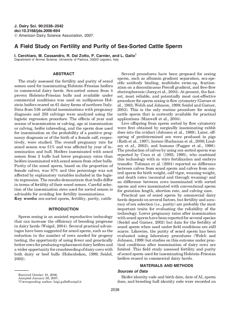 A Field Study on Fertility and Purity of Sex-Sorted Cattle Sperm