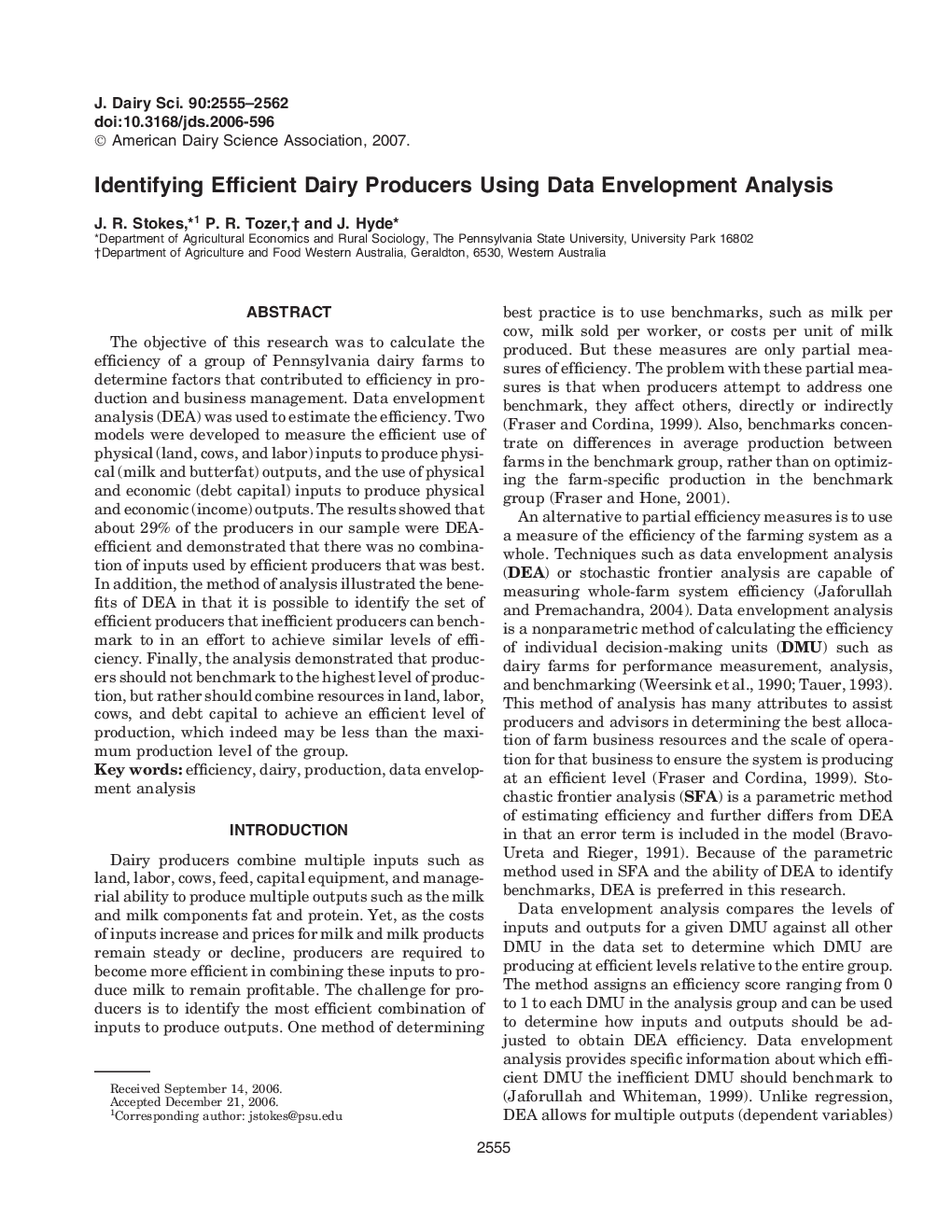 Identifying Efficient Dairy Producers Using Data Envelopment Analysis