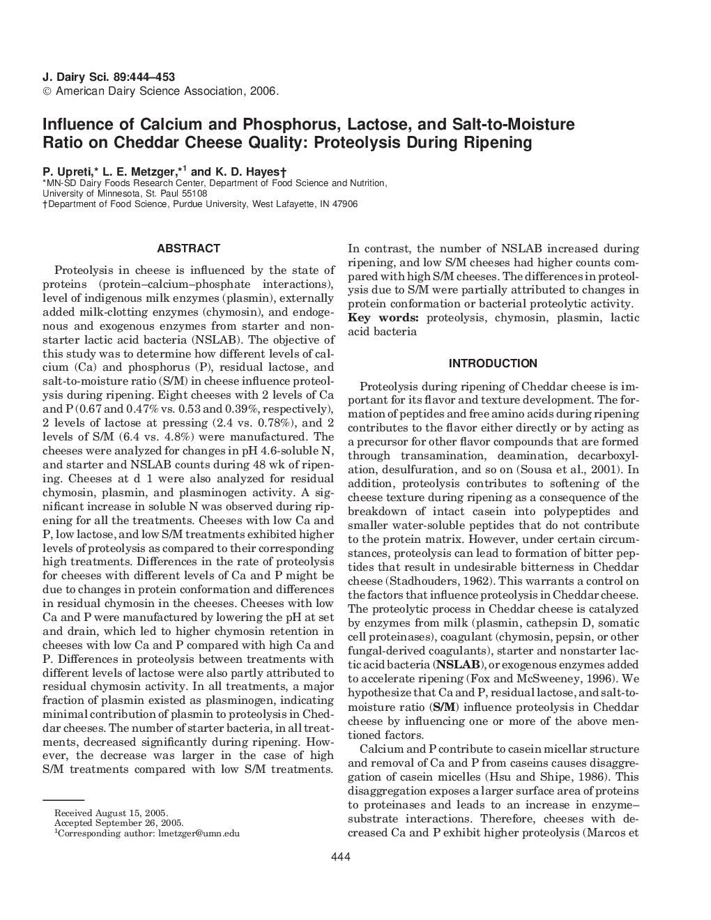 Influence of Calcium and Phosphorus, Lactose, and Salt-to-Moisture Ratio on Cheddar Cheese Quality: Proteolysis During Ripening