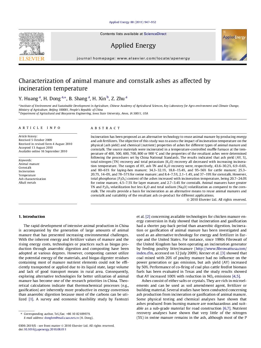 Characterization of animal manure and cornstalk ashes as affected by incineration temperature