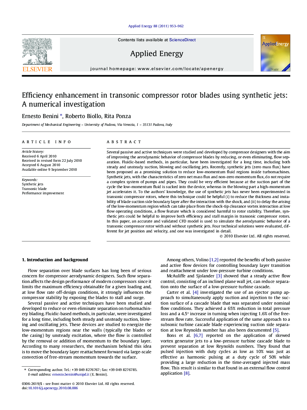 Efficiency enhancement in transonic compressor rotor blades using synthetic jets: A numerical investigation