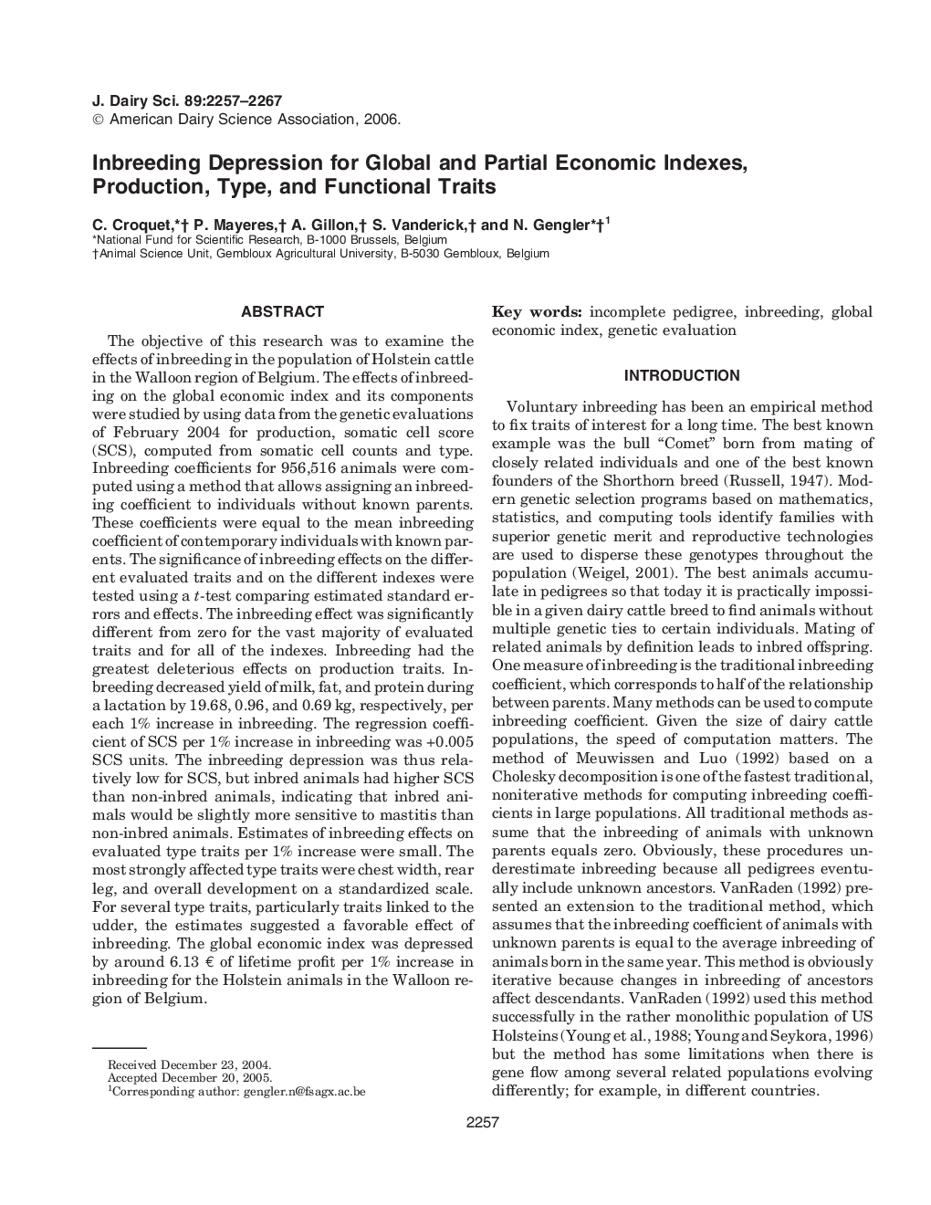 Inbreeding Depression for Global and Partial Economic Indexes, Production, Type, and Functional Traits