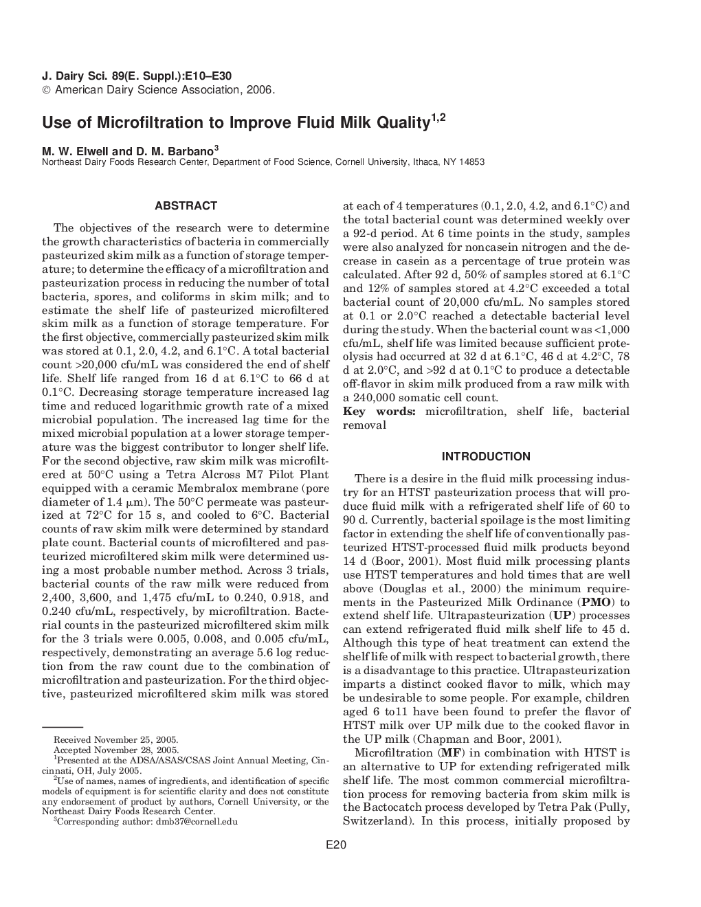 Use of Microfiltration to Improve Fluid Milk Quality1,2