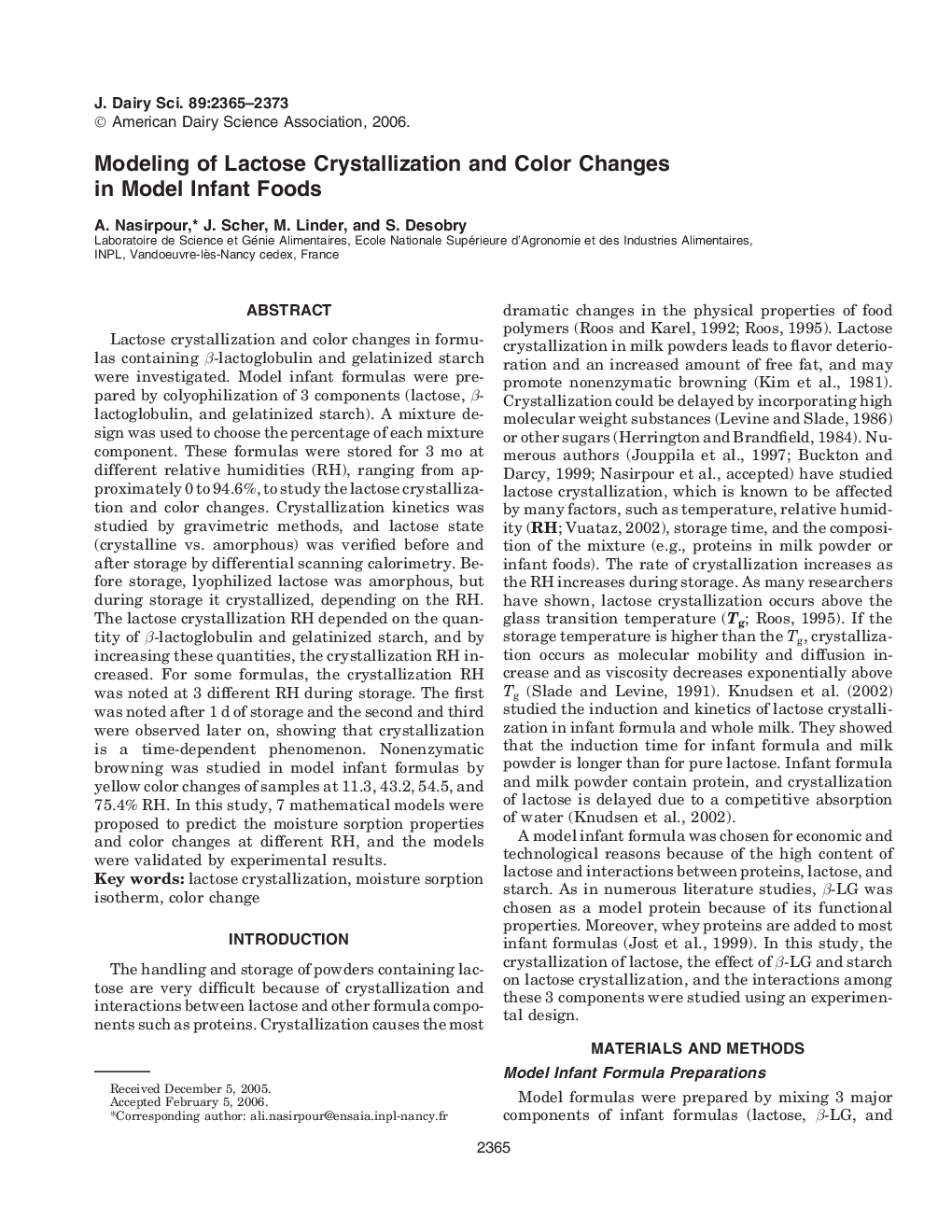 Modeling of Lactose Crystallization and Color Changes in Model Infant Foods