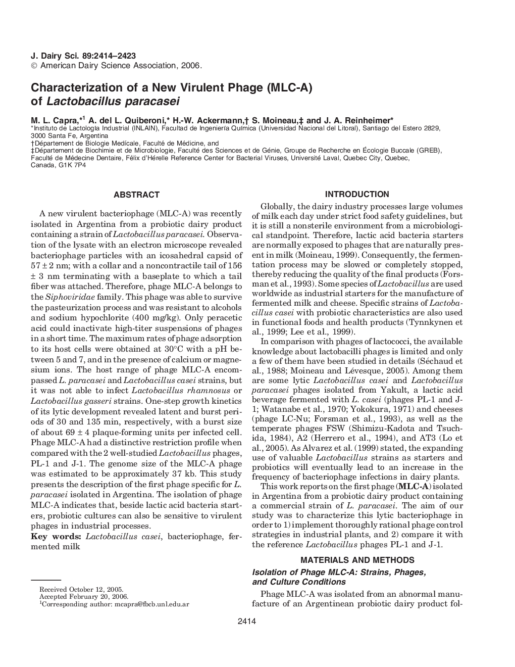 Characterization of a New Virulent Phage (MLC-A) of Lactobacillus paracasei