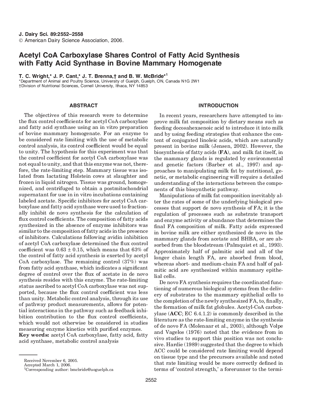 Acetyl CoA Carboxylase Shares Control of Fatty Acid Synthesis with Fatty Acid Synthase in Bovine Mammary Homogenate