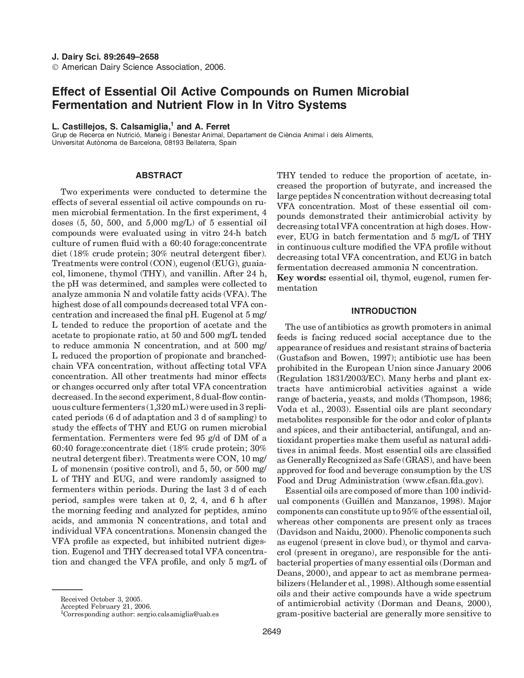 Effect of Essential Oil Active Compounds on Rumen Microbial Fermentation and Nutrient Flow in In Vitro Systems