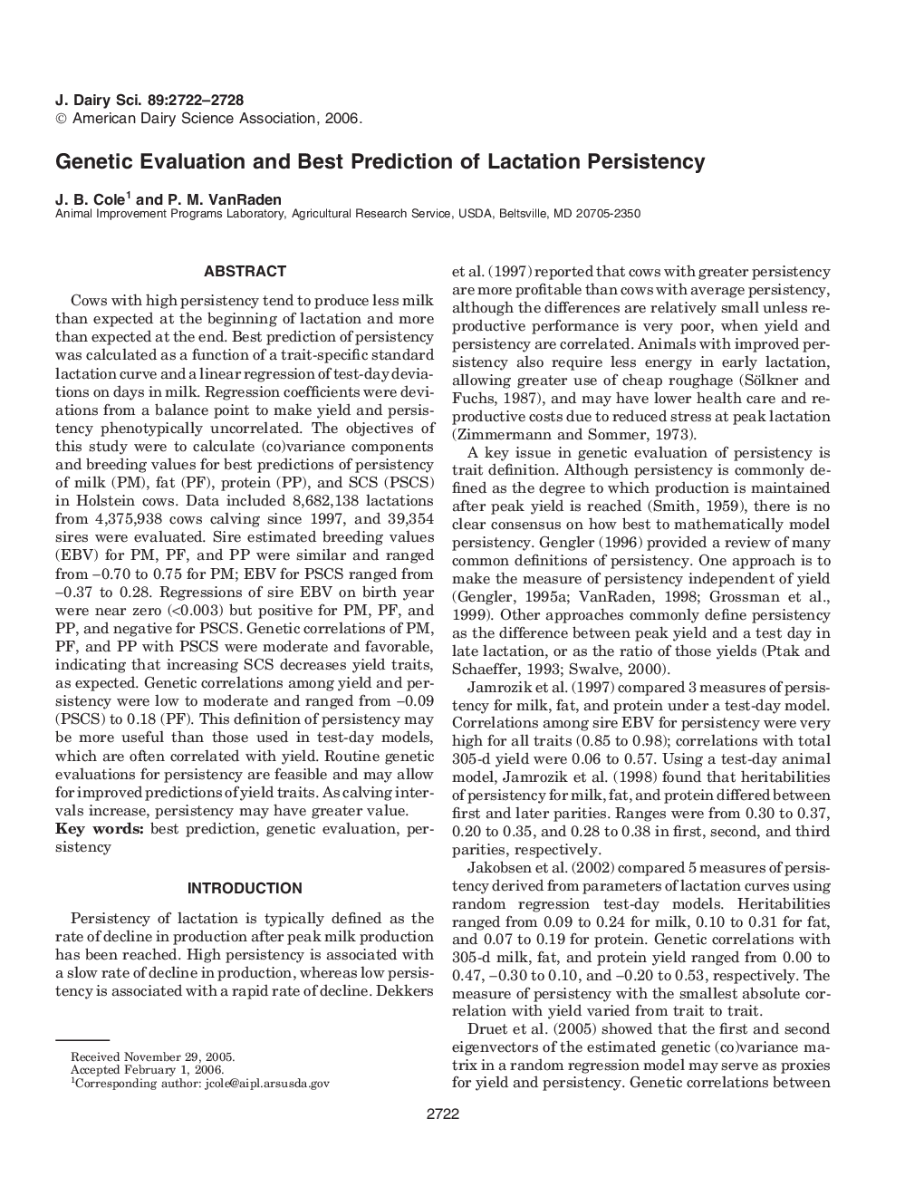 Genetic Evaluation and Best Prediction of Lactation Persistency