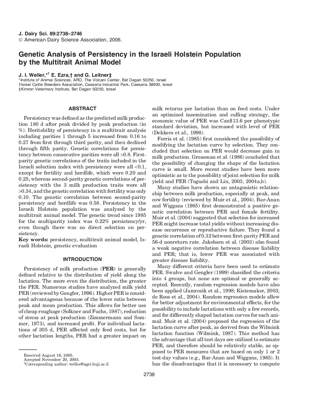 Genetic Analysis of Persistency in the Israeli Holstein Population by the Multitrait Animal Model