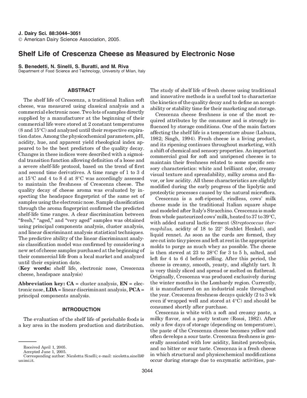 Shelf Life of Crescenza Cheese as Measured by Electronic Nose