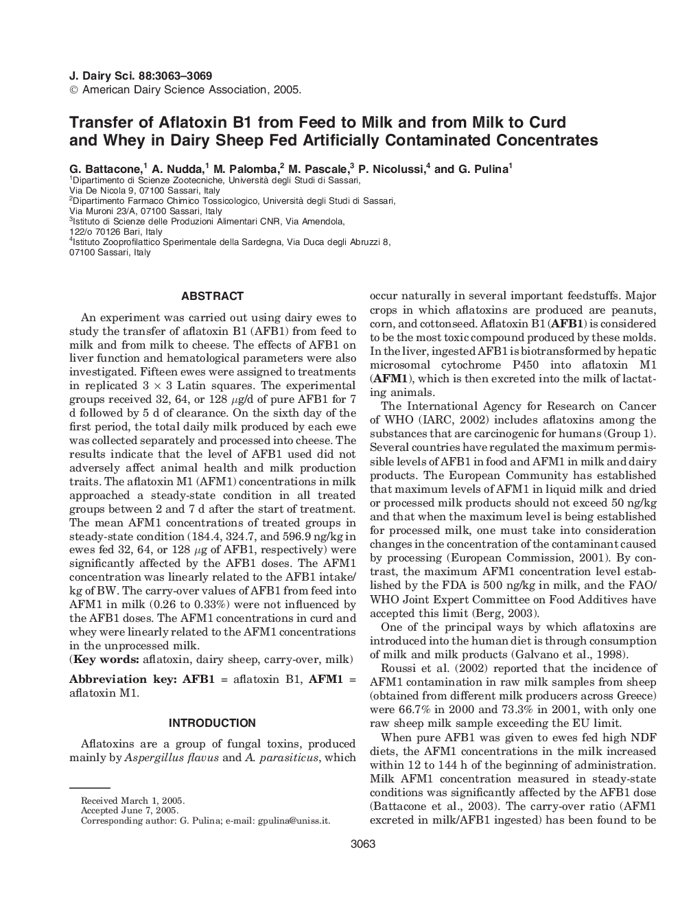 Transfer of Aflatoxin B1 from Feed to Milk and from Milk to Curd and Whey in Dairy Sheep Fed Artificially Contaminated Concentrates